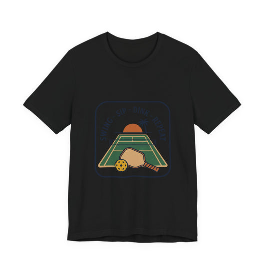 Swing Sip Dink Repeat Pickleball T-Shirt | Retro Court Sunset Tee