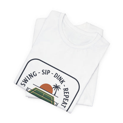 Swing Sip Dink Repeat Pickleball T-Shirt | Retro Court Sunset Tee