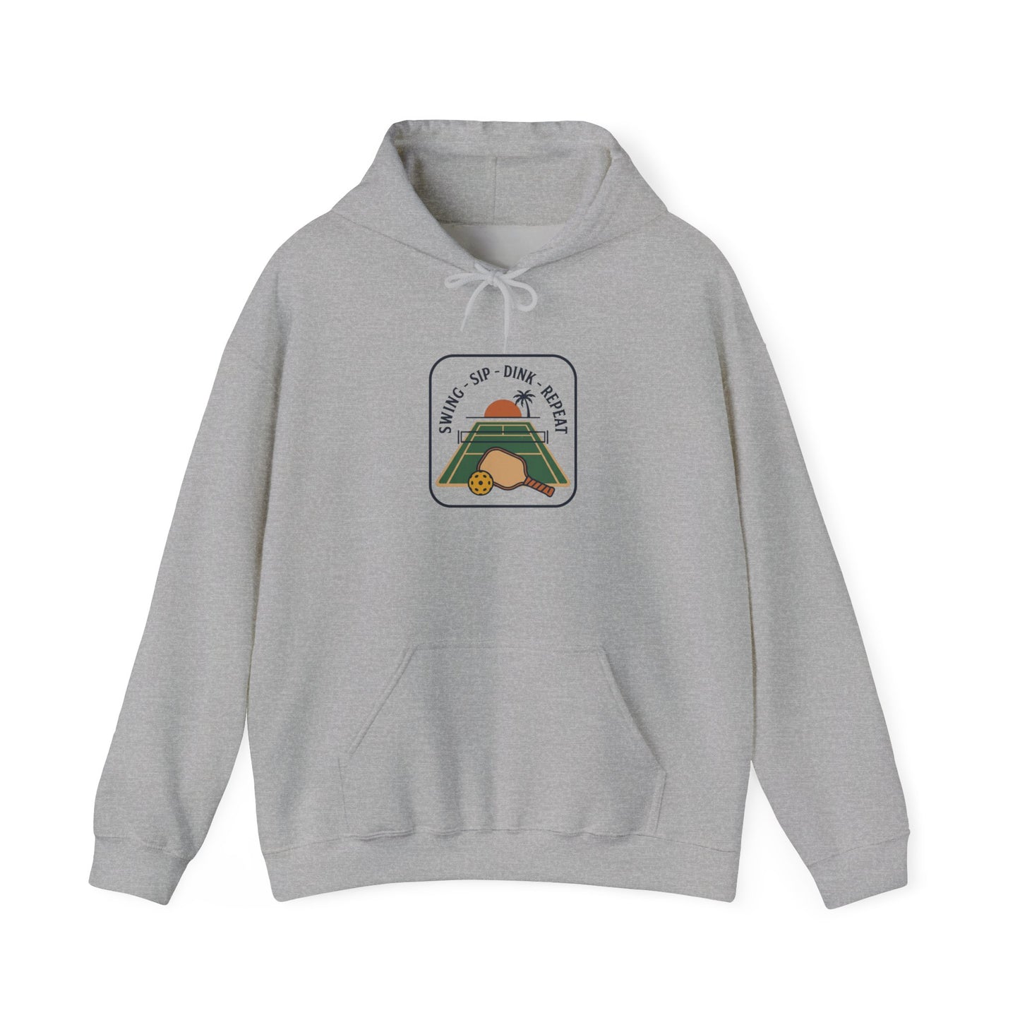 Swing Sip Dink Repeat Pickleball Hoodie | Retro Court Sunset Design