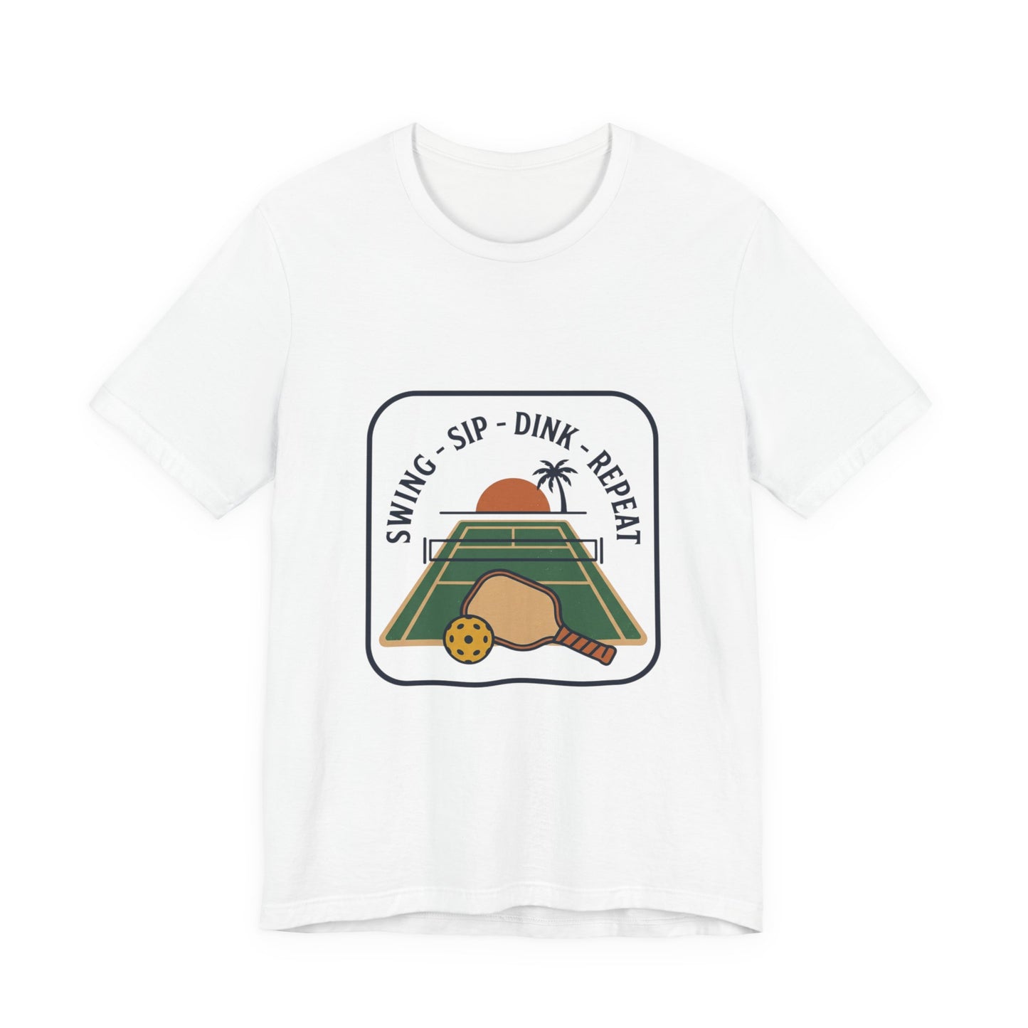 Swing Sip Dink Repeat Pickleball T-Shirt | Retro Court Sunset Tee