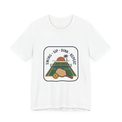 Swing Sip Dink Repeat Pickleball T-Shirt | Retro Court Sunset Tee