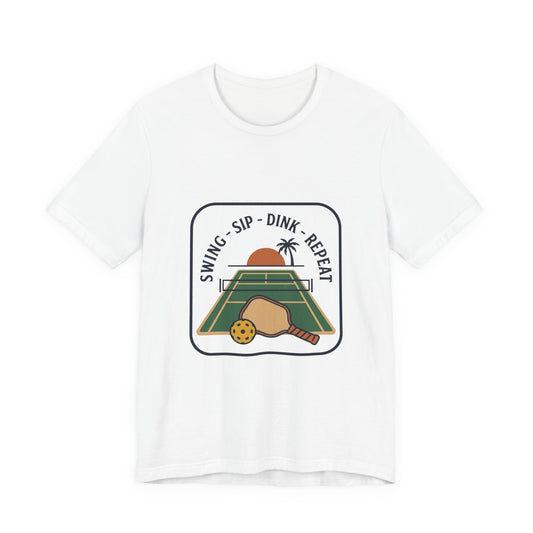 Swing Sip Dink Repeat Pickleball T-Shirt | Retro Court Sunset Tee