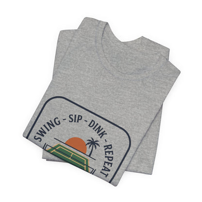 Swing Sip Dink Repeat Pickleball T-Shirt | Retro Court Sunset Tee