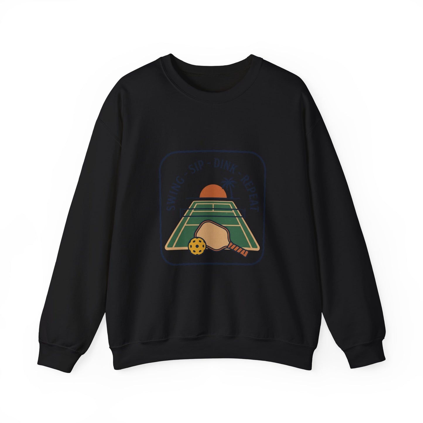 Swing Sip Dink Repeat Pickleball Crewneck Sweatshirt | Retro Court Sunset Design