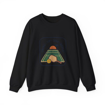 Swing Sip Dink Repeat Pickleball Crewneck Sweatshirt | Retro Court Sunset Design