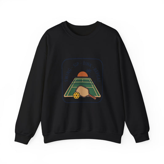 Swing Sip Dink Repeat Pickleball Crewneck Sweatshirt | Retro Court Sunset Design