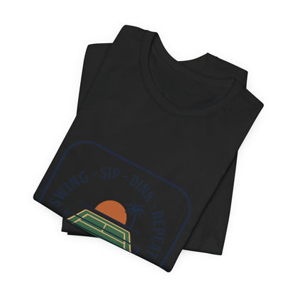 Swing Sip Dink Repeat Pickleball T-Shirt | Retro Court Sunset Tee