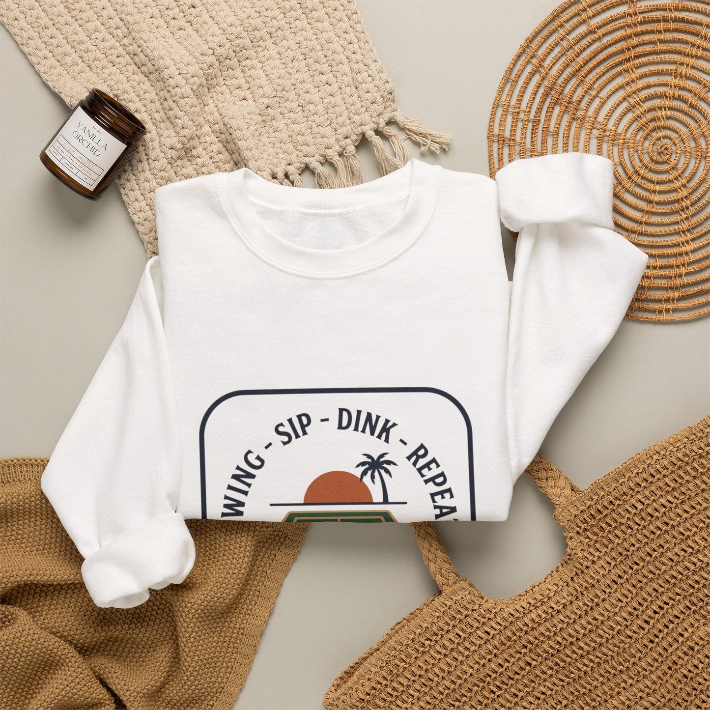 Swing Sip Dink Repeat Pickleball Crewneck Sweatshirt | Retro Court Sunset Design