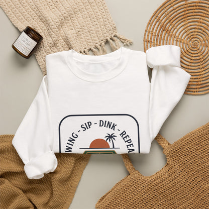Swing Sip Dink Repeat Pickleball Crewneck Sweatshirt | Retro Court Sunset Design