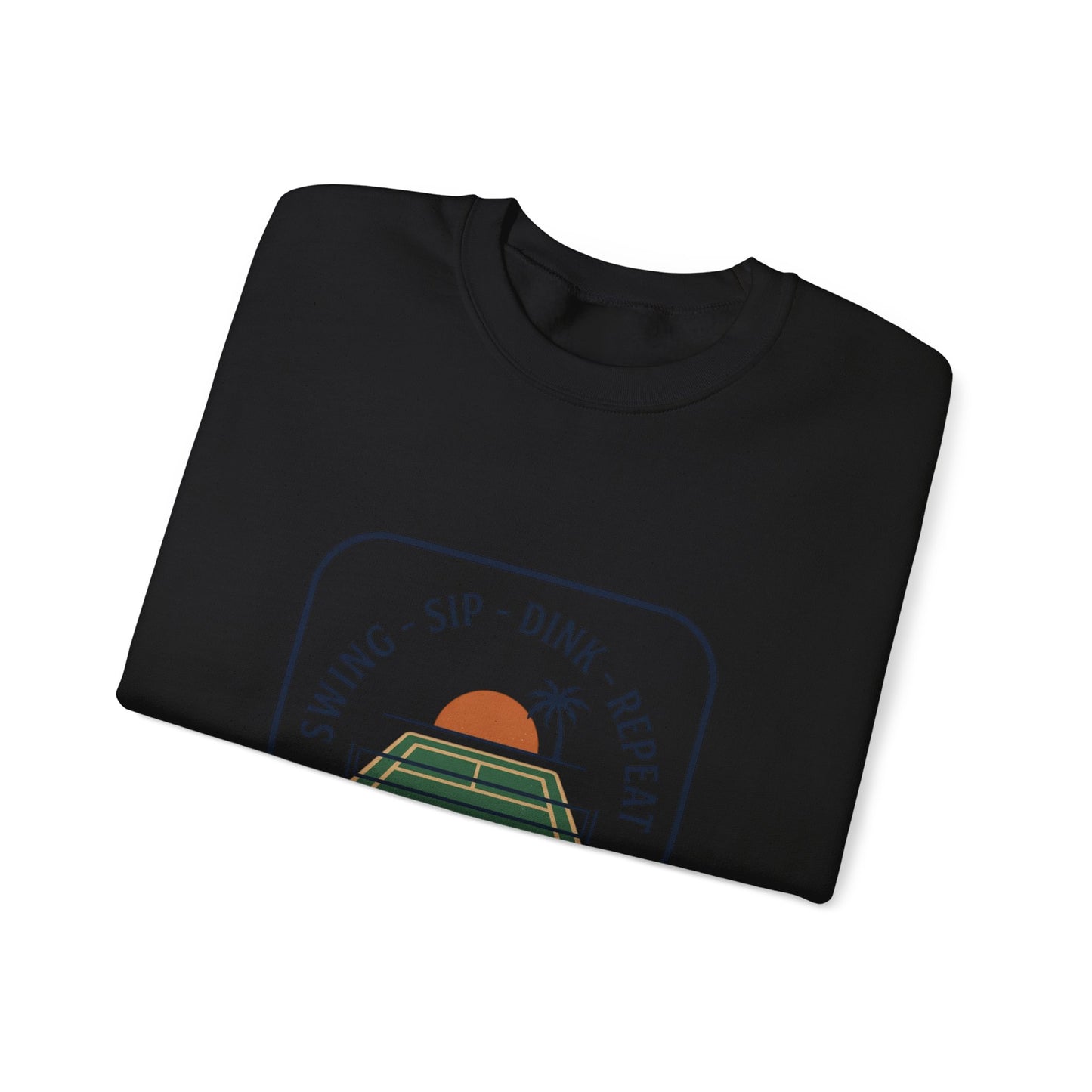 Swing Sip Dink Repeat Pickleball Crewneck Sweatshirt | Retro Court Sunset Design