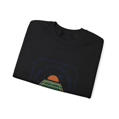 Swing Sip Dink Repeat Pickleball Crewneck Sweatshirt | Retro Court Sunset Design