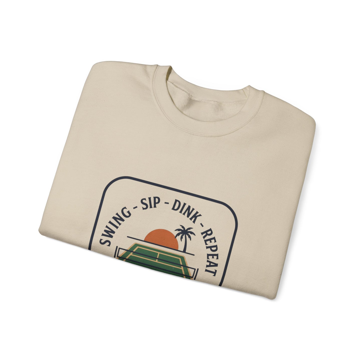 Swing Sip Dink Repeat Pickleball Crewneck Sweatshirt | Retro Court Sunset Design