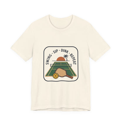 Swing Sip Dink Repeat Pickleball T-Shirt | Retro Court Sunset Tee