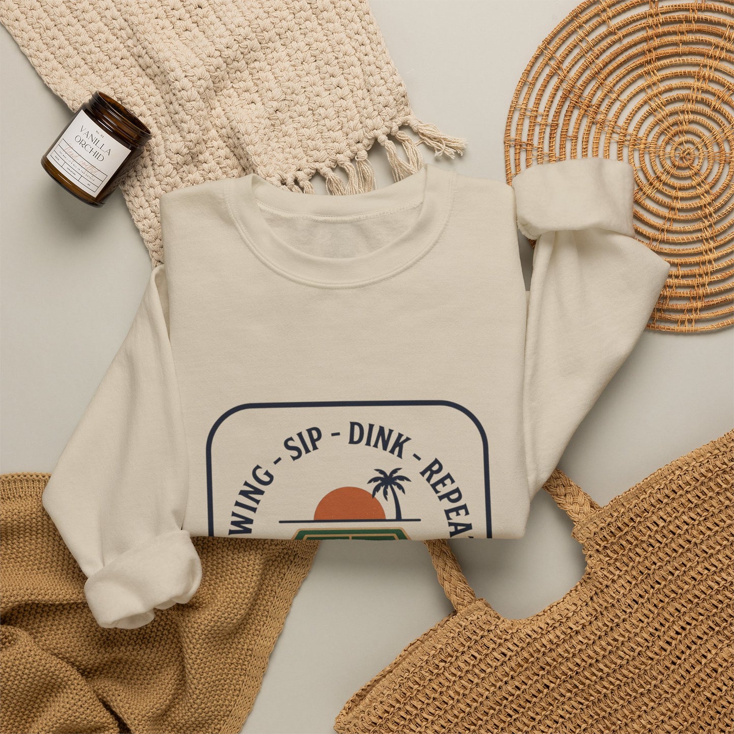 Swing Sip Dink Repeat Pickleball Crewneck Sweatshirt | Retro Court Sunset Design