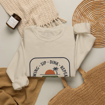 Swing Sip Dink Repeat Pickleball Crewneck Sweatshirt | Retro Court Sunset Design