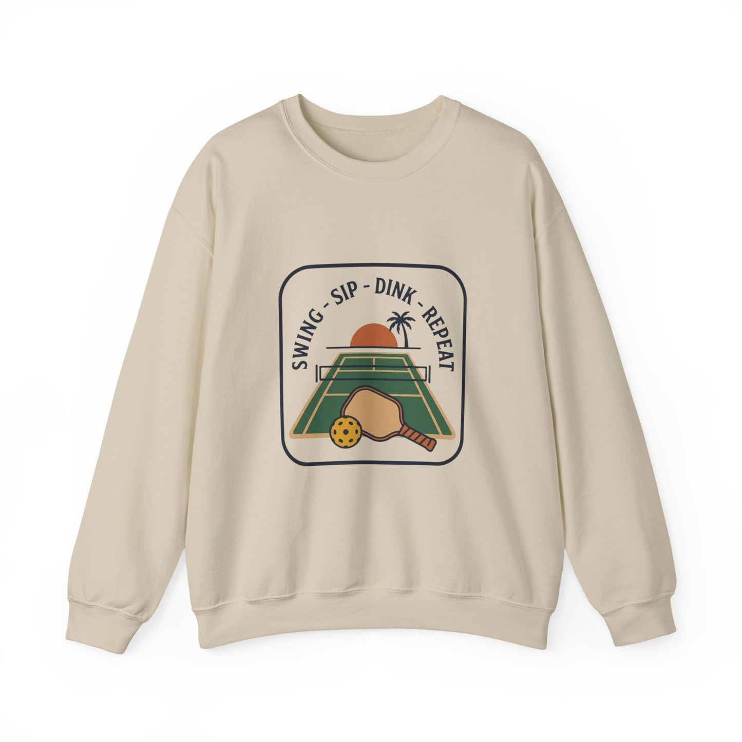 Swing Sip Dink Repeat Pickleball Crewneck Sweatshirt | Retro Court Sunset Design