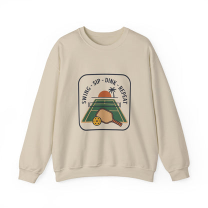 Swing Sip Dink Repeat Pickleball Crewneck Sweatshirt | Retro Court Sunset Design