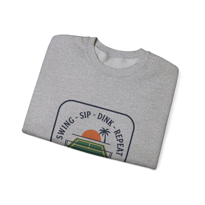 Swing Sip Dink Repeat Pickleball Crewneck Sweatshirt | Retro Court Sunset Design
