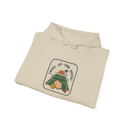 Swing Sip Dink Repeat Pickleball Hoodie | Retro Court Sunset Design