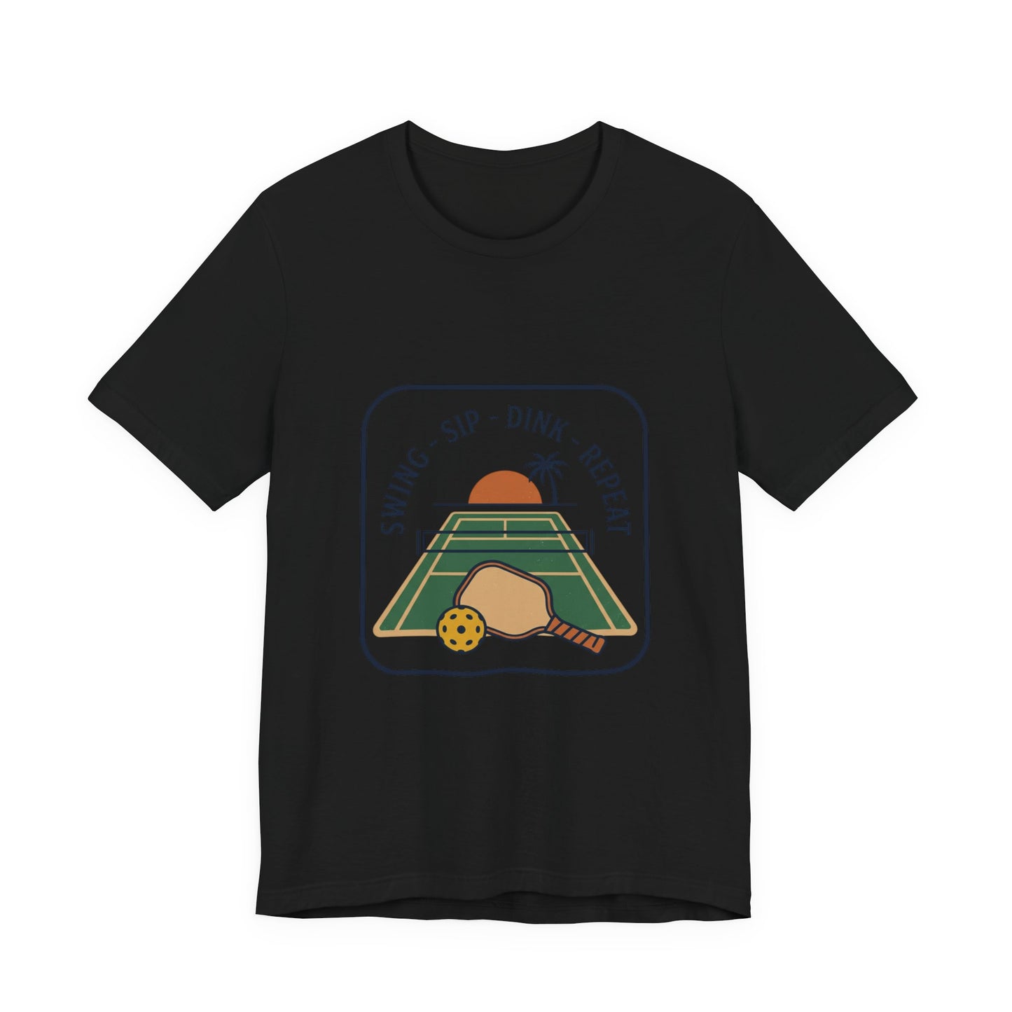 Swing Sip Dink Repeat Pickleball T-Shirt | Retro Court Sunset Tee