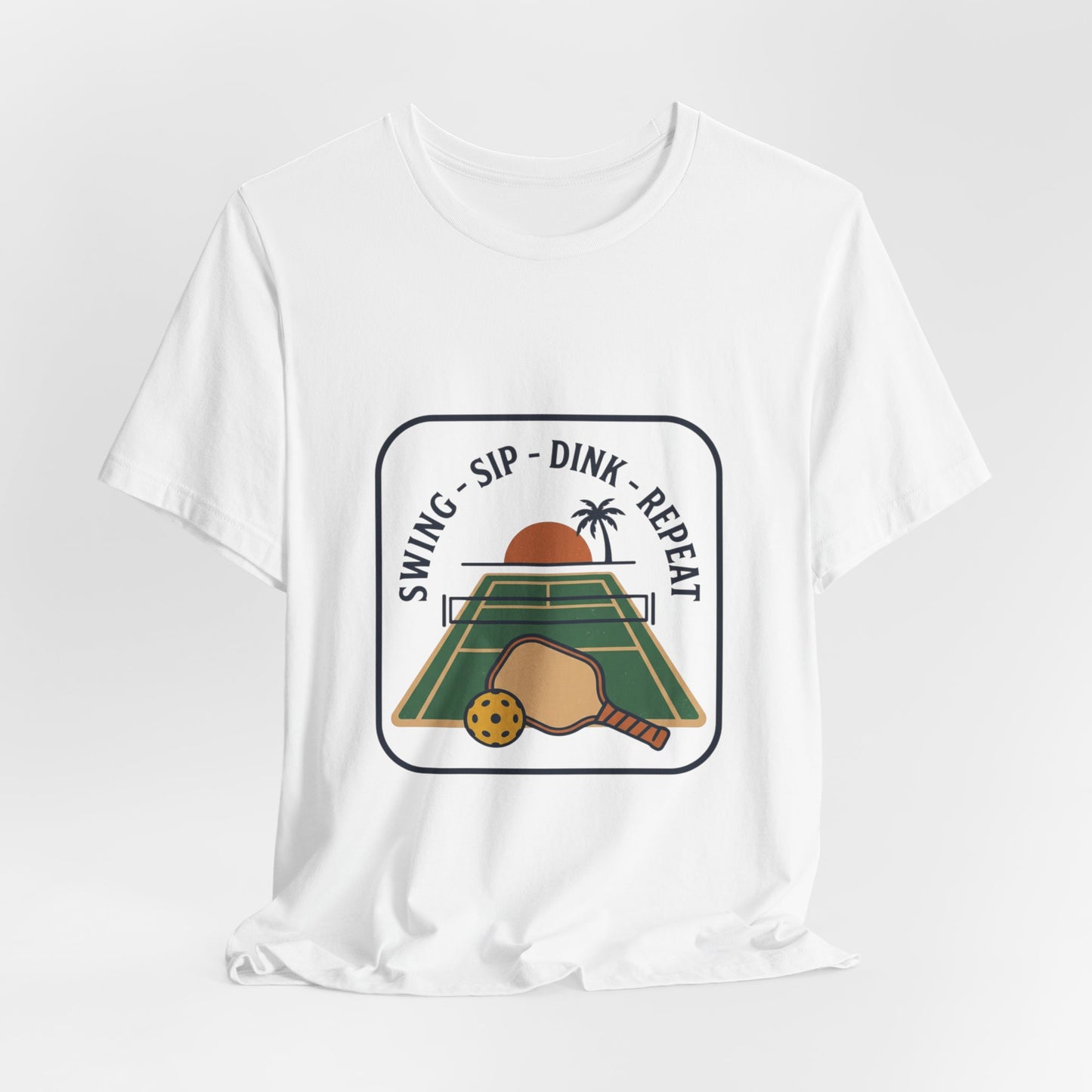 Swing Sip Dink Repeat Pickleball T-Shirt | Retro Court Sunset Tee