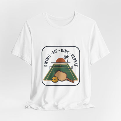Swing Sip Dink Repeat Pickleball T-Shirt | Retro Court Sunset Tee