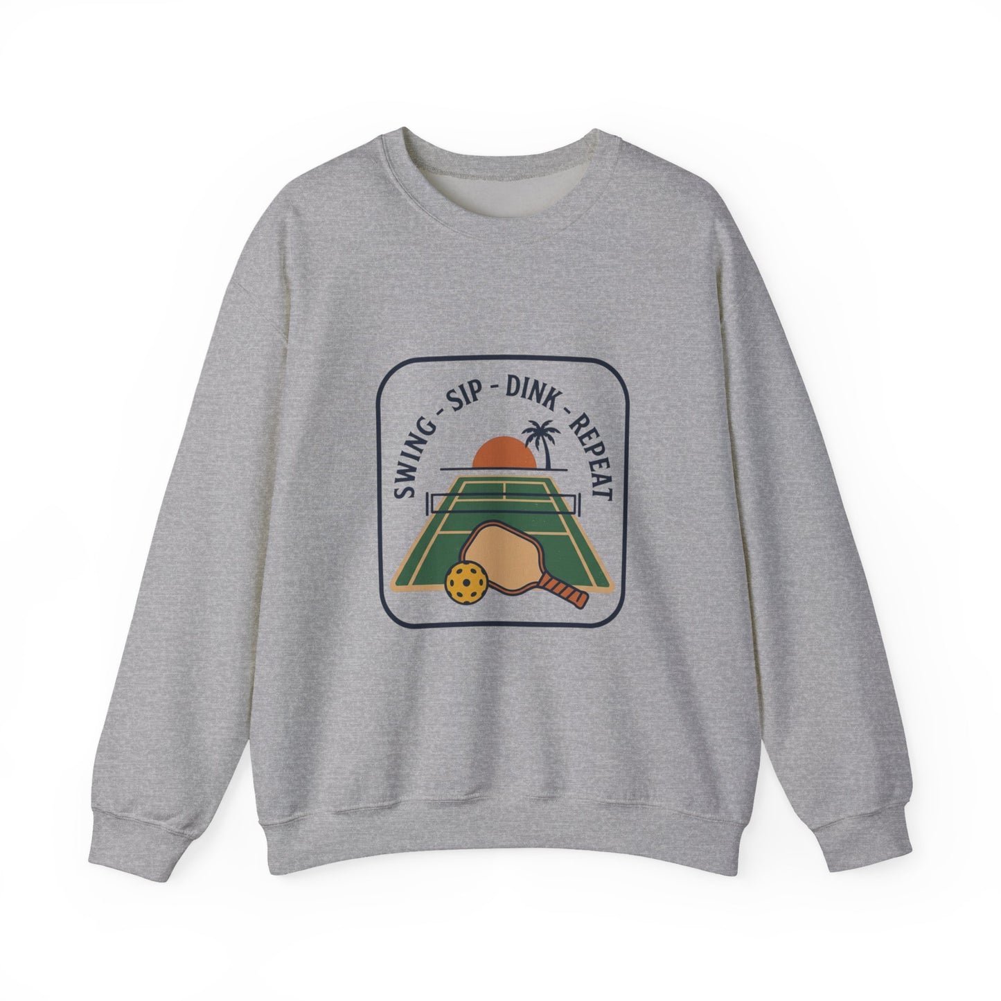 Swing Sip Dink Repeat Pickleball Crewneck Sweatshirt | Retro Court Sunset Design