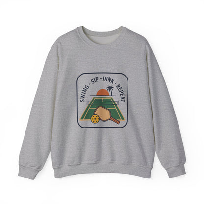 Swing Sip Dink Repeat Pickleball Crewneck Sweatshirt | Retro Court Sunset Design