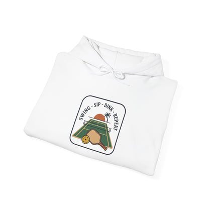 Swing Sip Dink Repeat Pickleball Hoodie | Retro Court Sunset Design