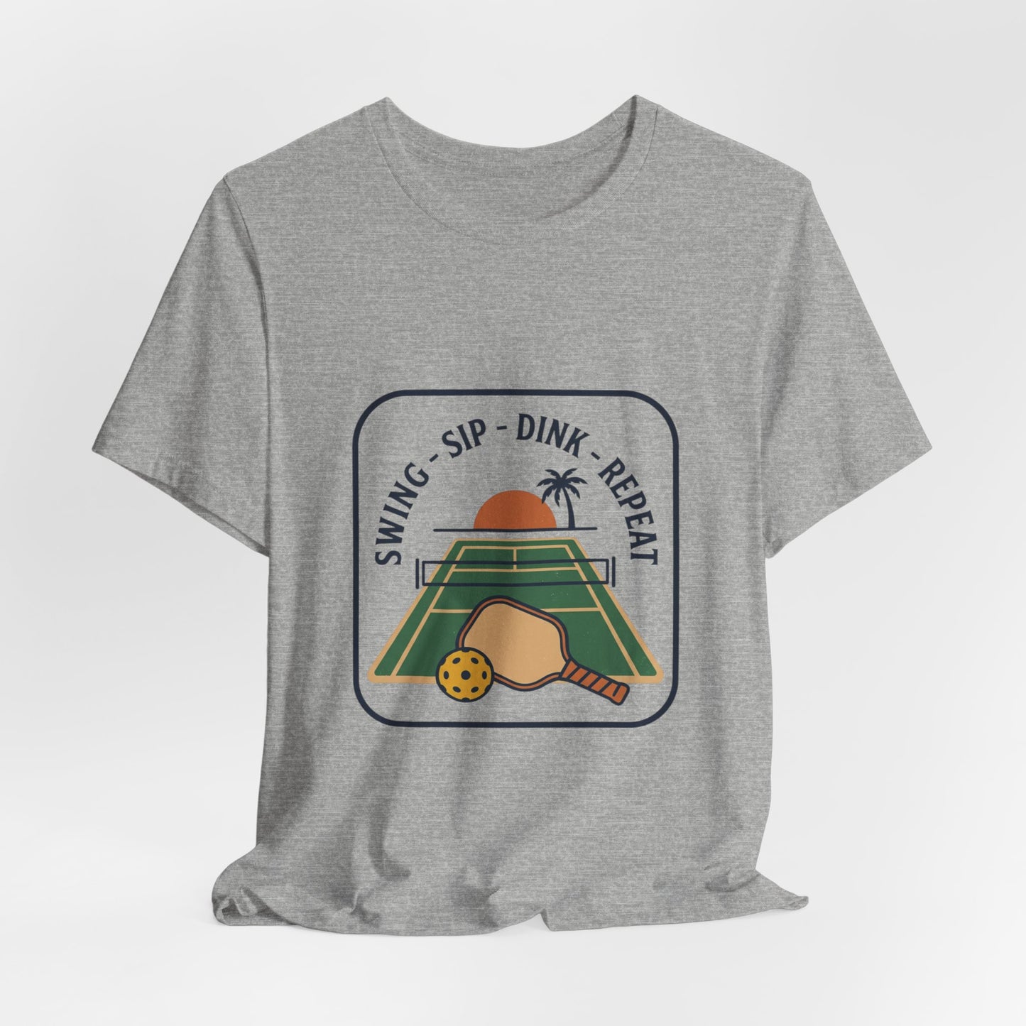 Swing Sip Dink Repeat Pickleball T-Shirt | Retro Court Sunset Tee