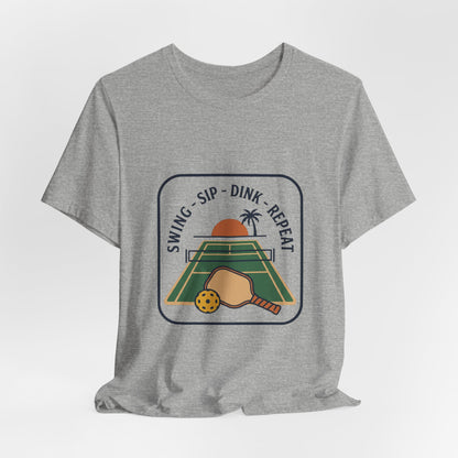 Swing Sip Dink Repeat Pickleball T-Shirt | Retro Court Sunset Tee