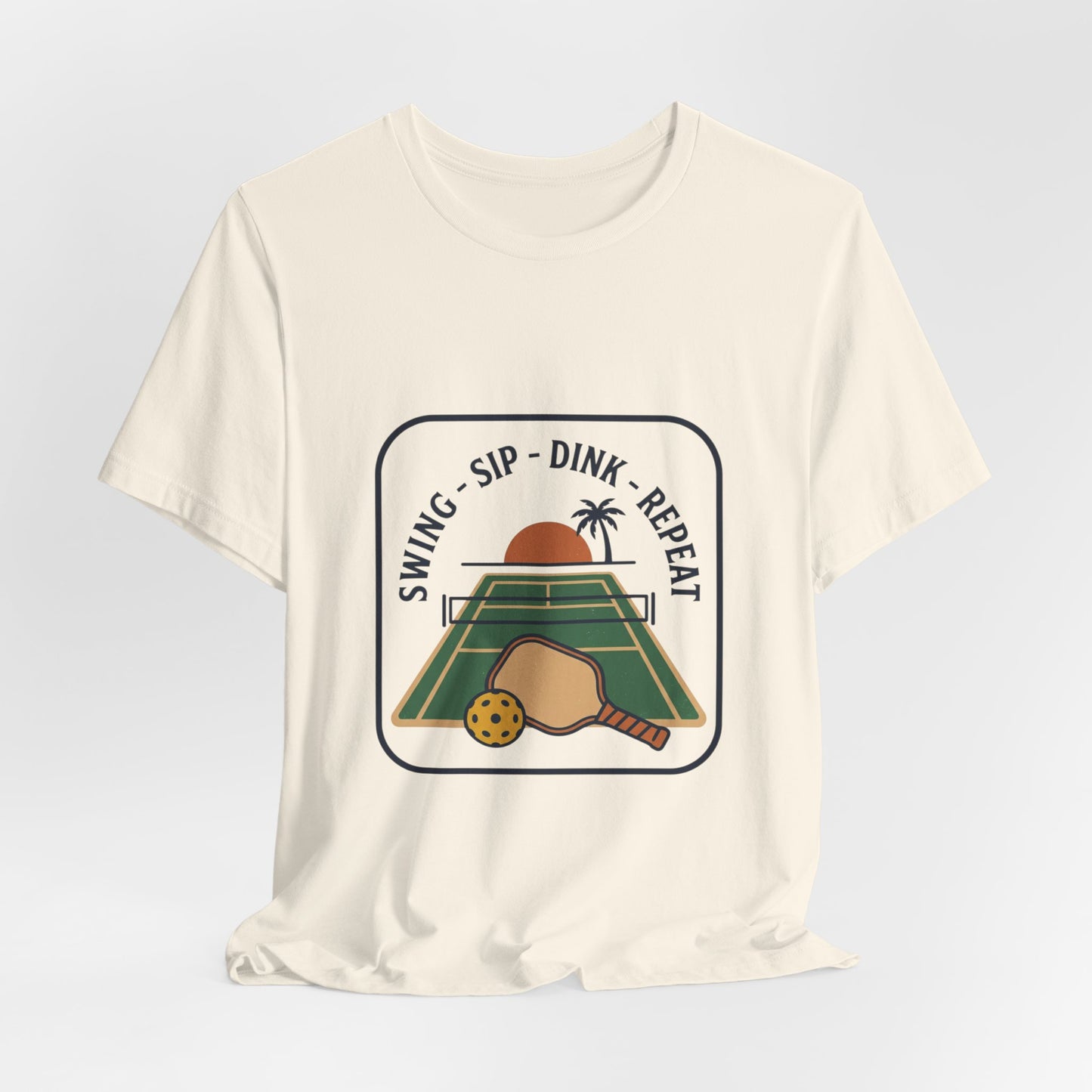 Swing Sip Dink Repeat Pickleball T-Shirt | Retro Court Sunset Tee