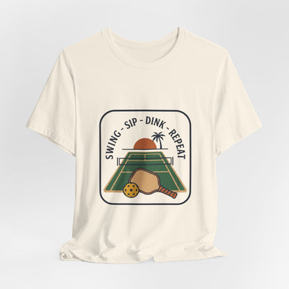 Swing Sip Dink Repeat Pickleball T-Shirt | Retro Court Sunset Tee