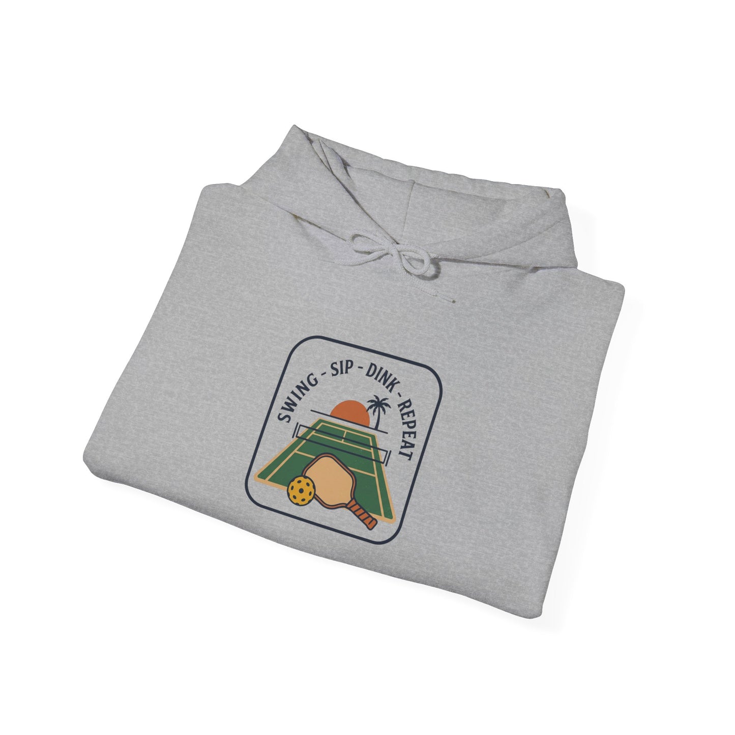 Swing Sip Dink Repeat Pickleball Hoodie | Retro Court Sunset Design