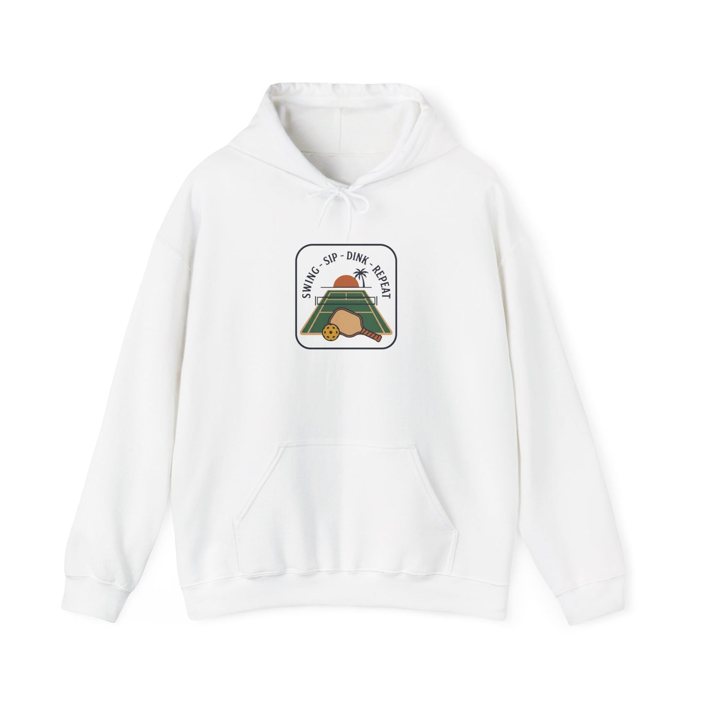 Swing Sip Dink Repeat Pickleball Hoodie | Retro Court Sunset Design