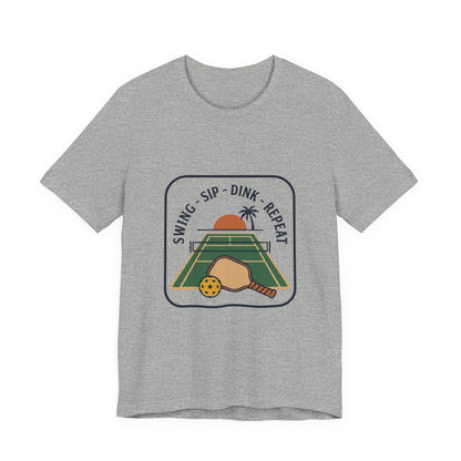 Swing Sip Dink Repeat Pickleball T-Shirt | Retro Court Sunset Tee