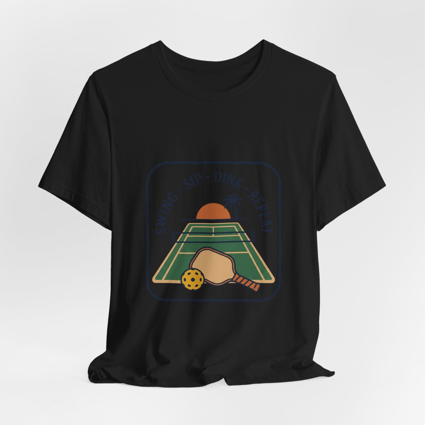 Swing Sip Dink Repeat Pickleball T-Shirt | Retro Court Sunset Tee