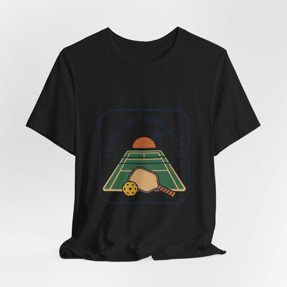Swing Sip Dink Repeat Pickleball T-Shirt | Retro Court Sunset Tee