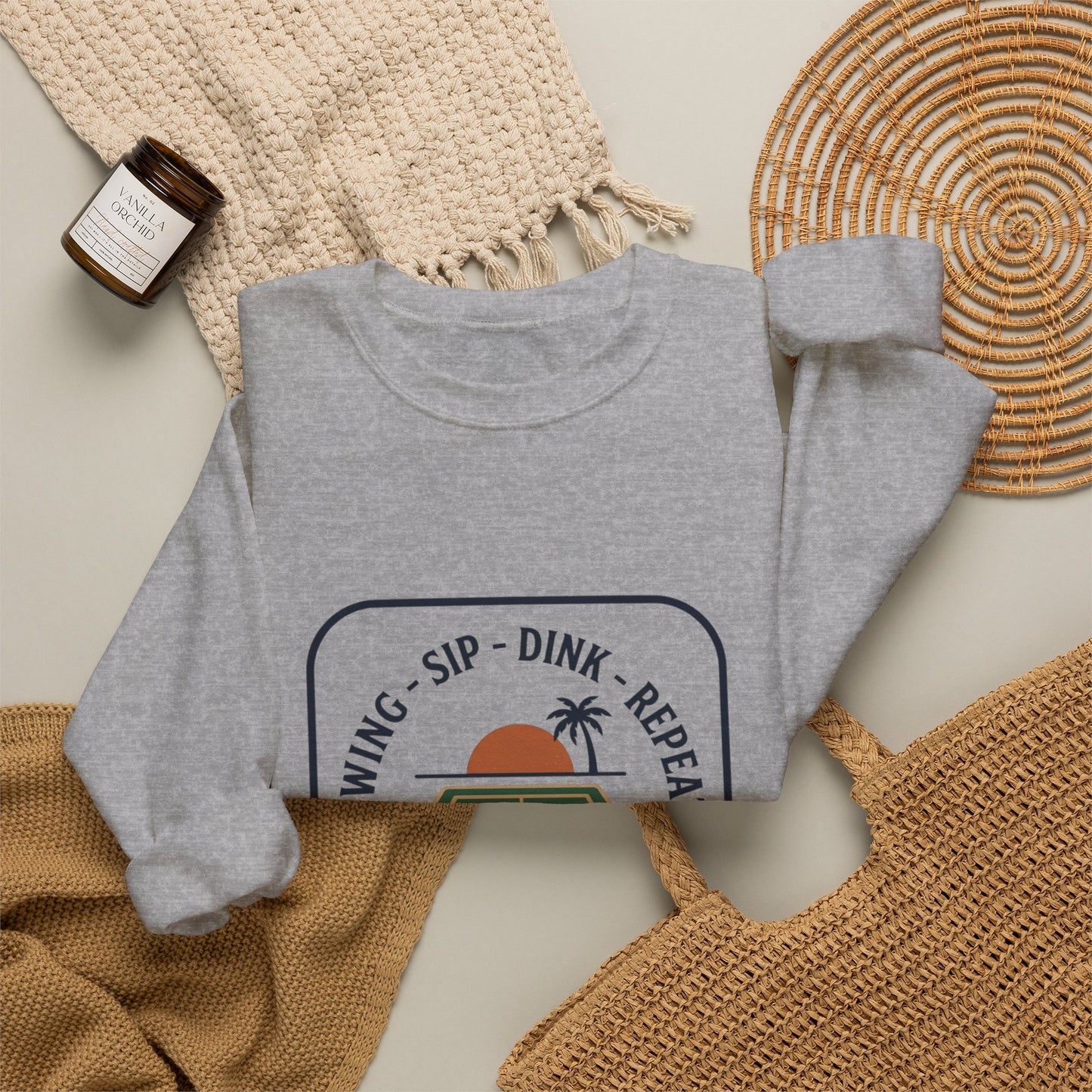 Swing Sip Dink Repeat Pickleball Crewneck Sweatshirt | Retro Court Sunset Design