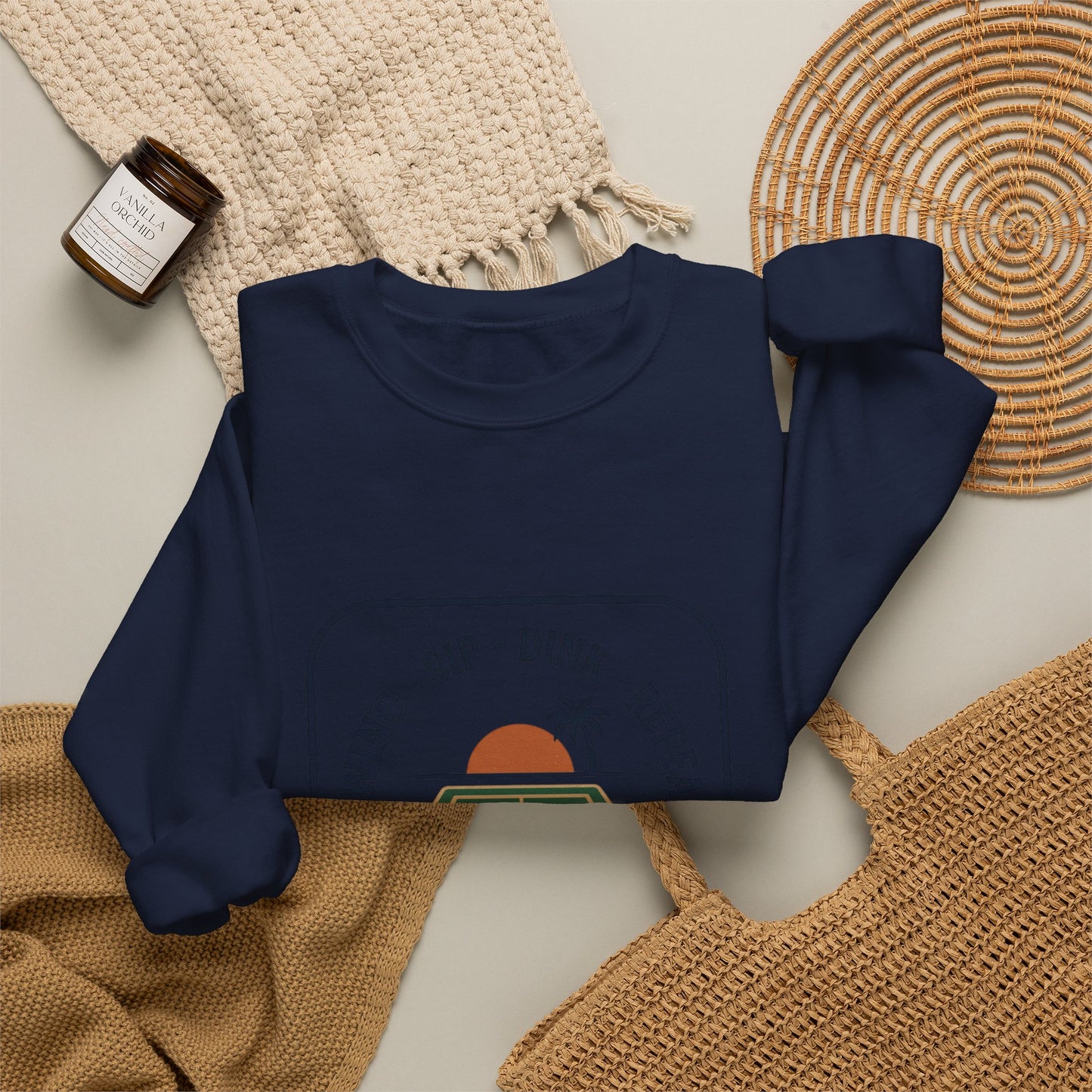 Swing Sip Dink Repeat Pickleball Crewneck Sweatshirt | Retro Court Sunset Design