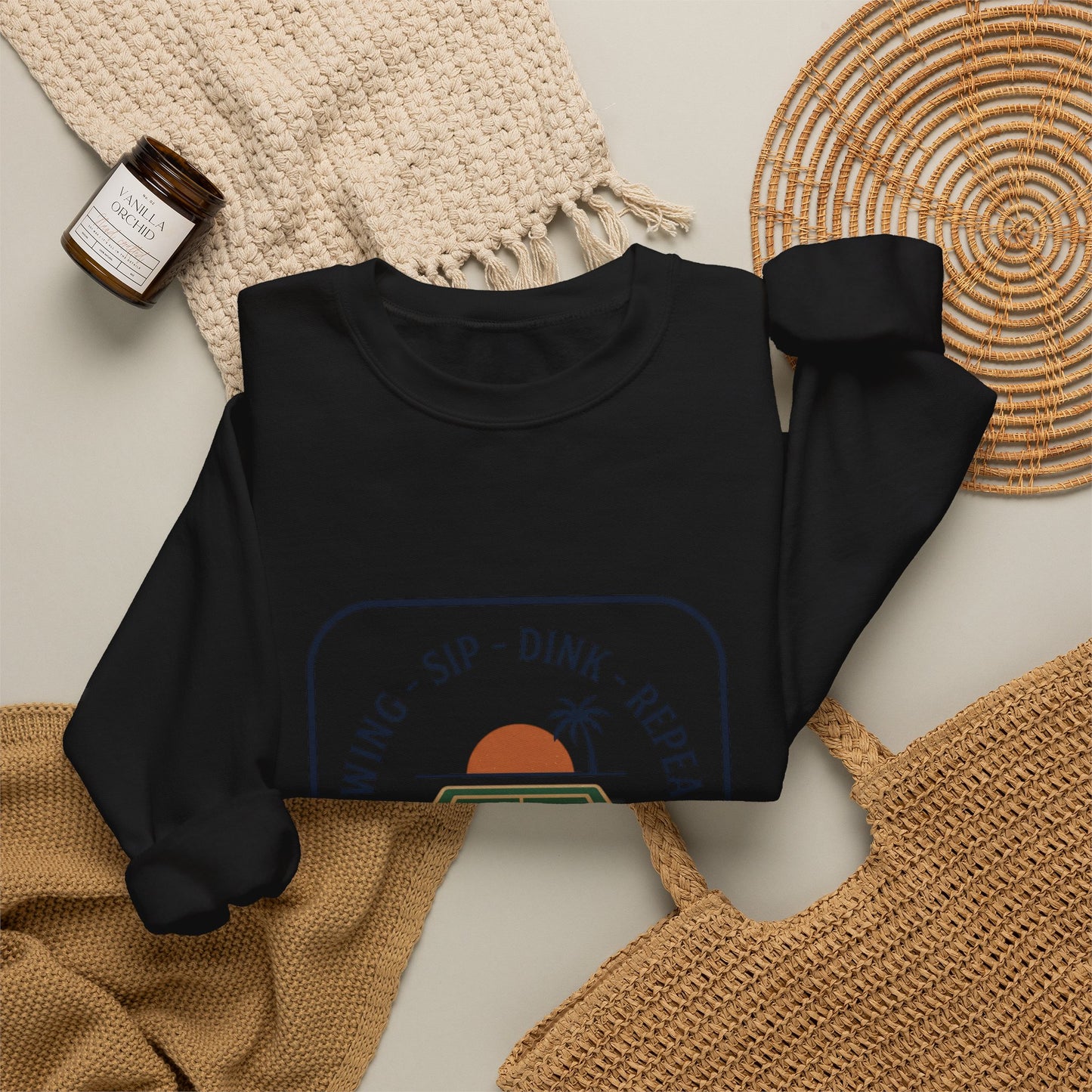 Swing Sip Dink Repeat Pickleball Crewneck Sweatshirt | Retro Court Sunset Design