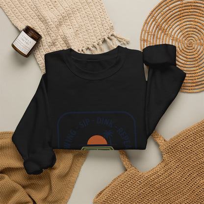 Swing Sip Dink Repeat Pickleball Crewneck Sweatshirt | Retro Court Sunset Design