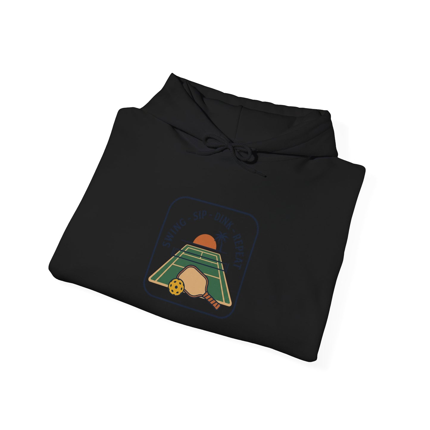 Swing Sip Dink Repeat Pickleball Hoodie | Retro Court Sunset Design