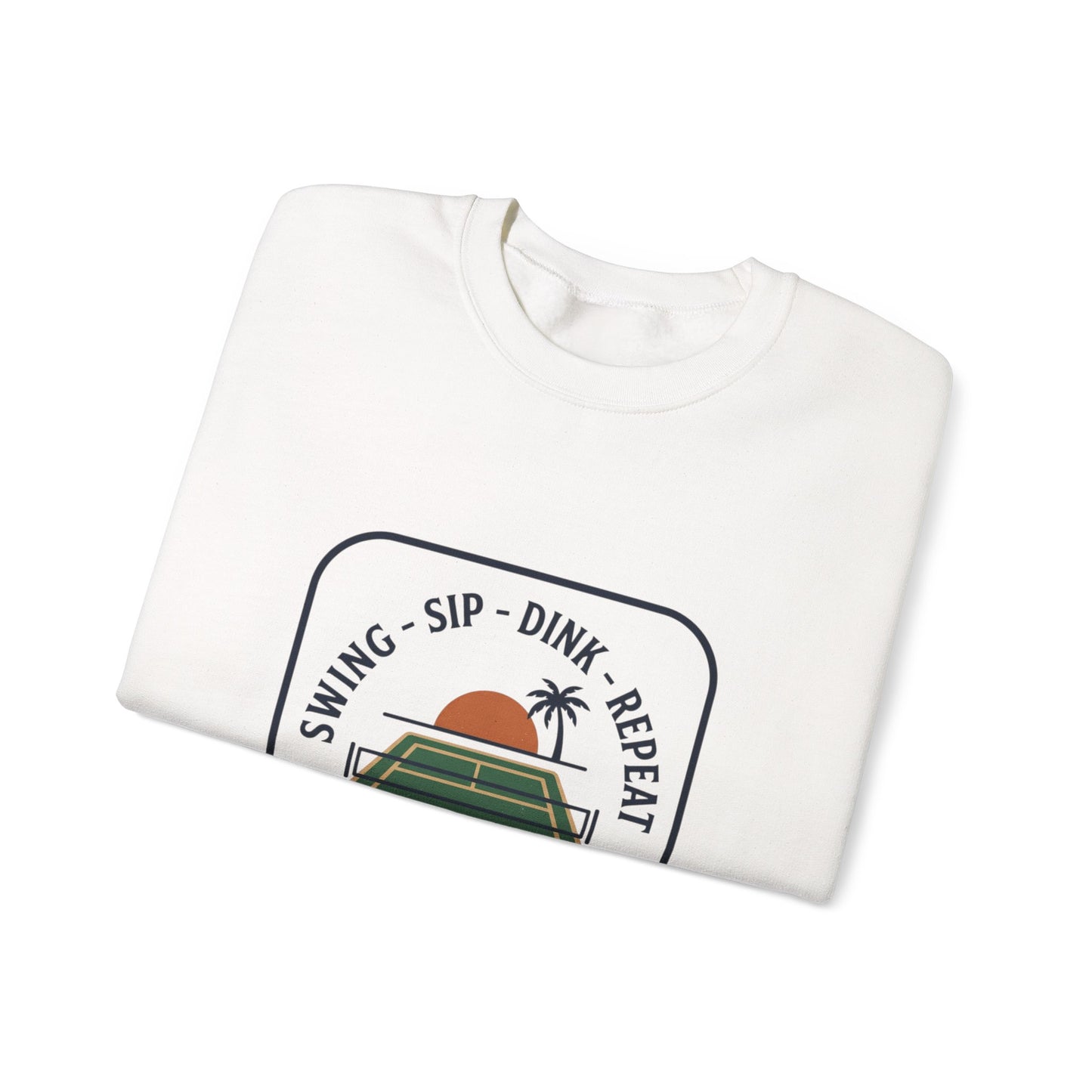 Swing Sip Dink Repeat Pickleball Crewneck Sweatshirt | Retro Court Sunset Design
