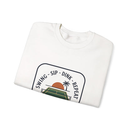 Swing Sip Dink Repeat Pickleball Crewneck Sweatshirt | Retro Court Sunset Design