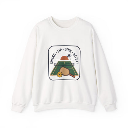 Swing Sip Dink Repeat Pickleball Crewneck Sweatshirt | Retro Court Sunset Design