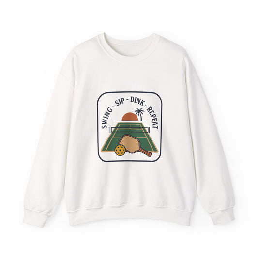 Swing Sip Dink Repeat Pickleball Crewneck Sweatshirt | Retro Court Sunset Design